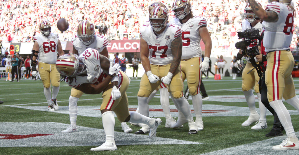 Oct 25, 2026; Atlanta, Georgia, USA; San Francisco 49ers running back Kaelon Black (26) celebrates his 30-yard touchdown against the Atlanta Falcons during the second quarter at Mercedes-Benz Stadium. Mandatory Credit: Brett Davis-Imagn Images