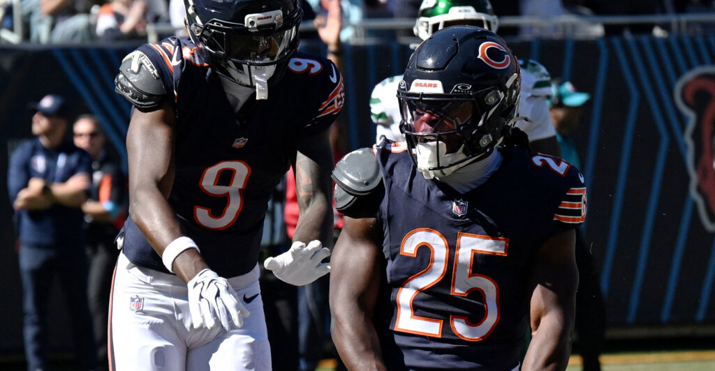 Oct 4, 2026; Chicago, Illinois, USA; Chicago Bears running back Kyle Monangai (25) celebrates with wide receiver Jahdae Walker (9) after scoring a touchdown during the first quarter against the New York Jets at Soldier Field. Mandatory Credit: Matt Marton-Imagn Images