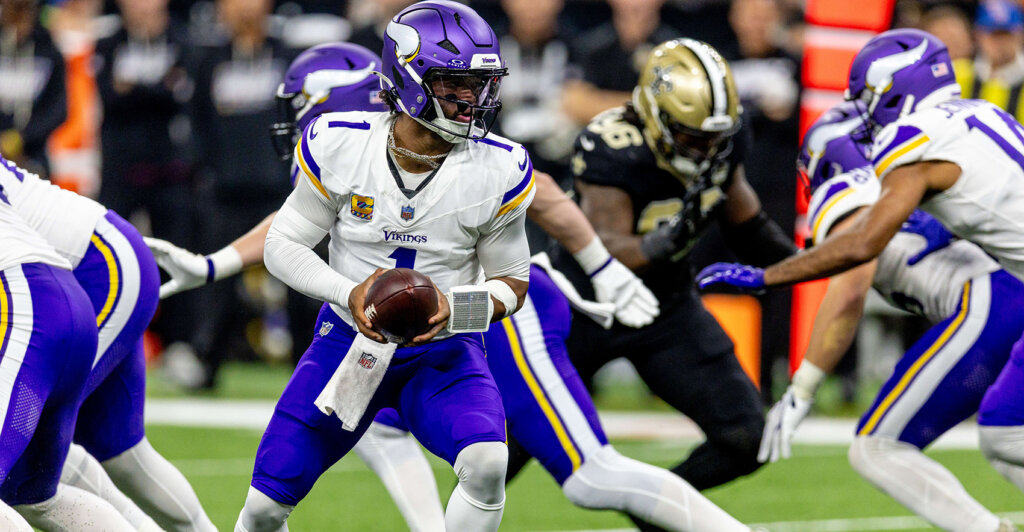Oct 11, 2026; New Orleans, Louisiana, USA; Minnesota Vikings quarterback Kyler Murray (1) drops back against New Orleans Saints during the first half at Caesars Superdome. Mandatory Credit: Stephen Lew-Imagn Images