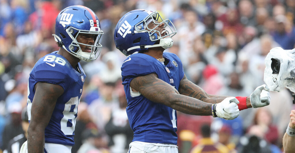 Oct 11, 2026; Landover, Maryland, USA; New York Giants wide receiver Malik Nabers (1) celebrates a touchdown during the fourth quarter against the Washington Commanders at Northwest Stadium. Mandatory Credit: Amber Searls-Imagn Images