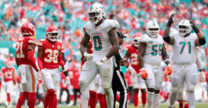 Sep 27, 2026; Miami Gardens, Florida, USA; Miami Dolphins running back Ollie Gordon II (0) reacts after a play against the Kansas City Chiefs during the third quarter at Hard Rock Stadium. Mandatory Credit: Sam Navarro-Imagn Images