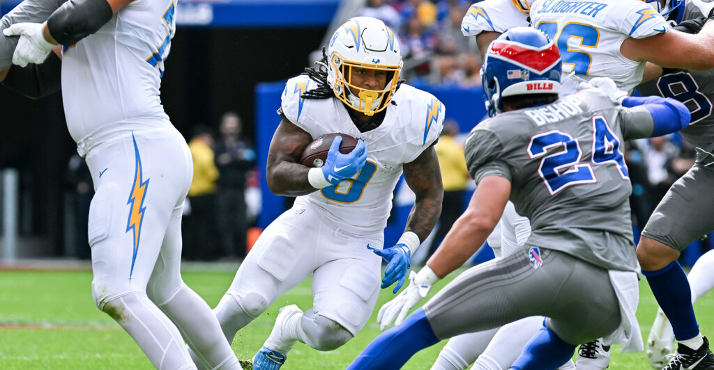 Sep 27, 2026; Orchard Park, New York, USA; Los Angeles Chargers running back Omarion Hampton (8) faces Buffalo Bills safety Cole Bishop (24) in the first half at New Highmark Stadium. Mandatory Credit: Mark Konezny-Imagn Images
