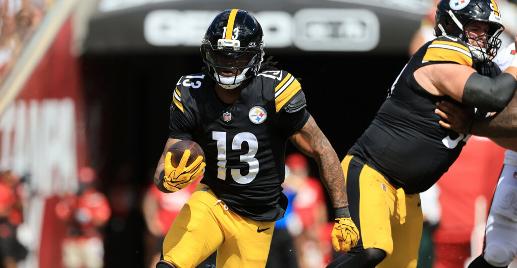 Oct 18, 2026; Tampa, Florida, USA; Pittsburgh Steelers running back Rico Dowdle (13) rushes during the second quarter against the Tampa Bay Buccaneers at Raymond James Stadium. Mandatory Credit: Kim Klement Neitzel-Imagn Images
