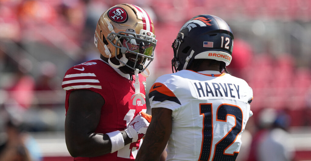 Oct 4, 2026; Santa Clara, California, USA; San Francisco 49ers wide receiver Deebo Samuel Sr. (19) and Denver Broncos running back RJ Harvey (12) shake hands prior to a game at Levi's Stadium. Mandatory Credit: Darren Yamashita-Imagn Images