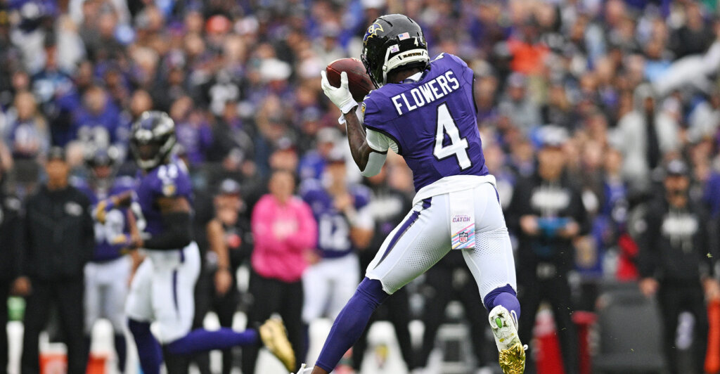 Oct 4, 2026; Baltimore, Maryland, USA; Baltimore Ravens wide receiver Zay Flowers (4) makes a catch during the first quarter against the Tennessee Titans at M&T Bank Stadium. Mandatory Credit: Tommy Gilligan-Imagn Images