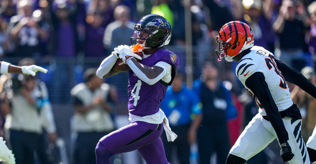 Baltimore Ravens wide receiver Zay Flowers (4) breaks away with a catch for a touchdown in the first quarter of the NFL Week 7 game between the Baltimore Ravens and the Cincinnati Bengals at M&T Bank Stadium in Baltimore on Sunday, Oct. 25, 2026. The Ravens led 13-0 at halftime.